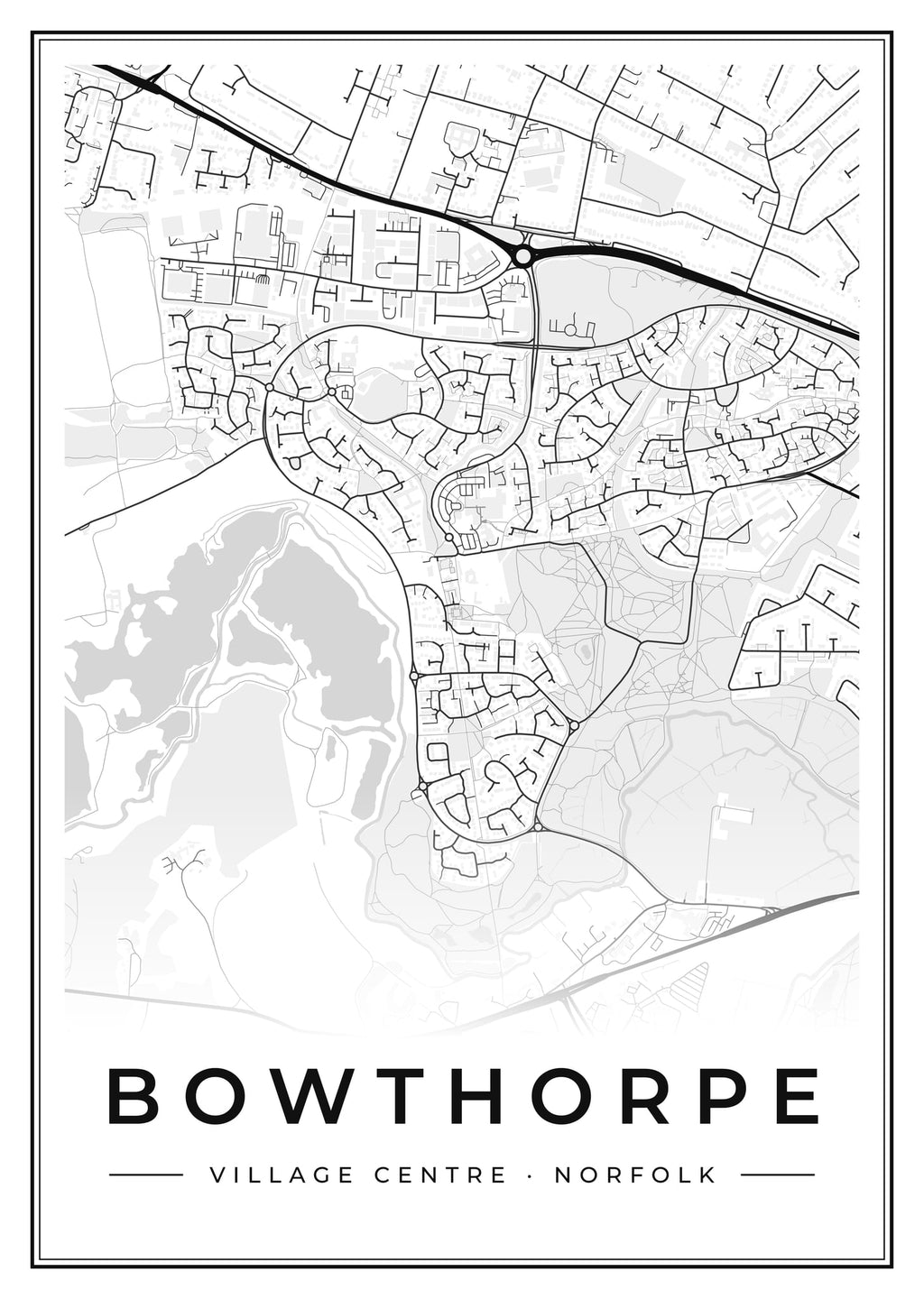 Street map poster of Bowthorpe village centre, Norfolk