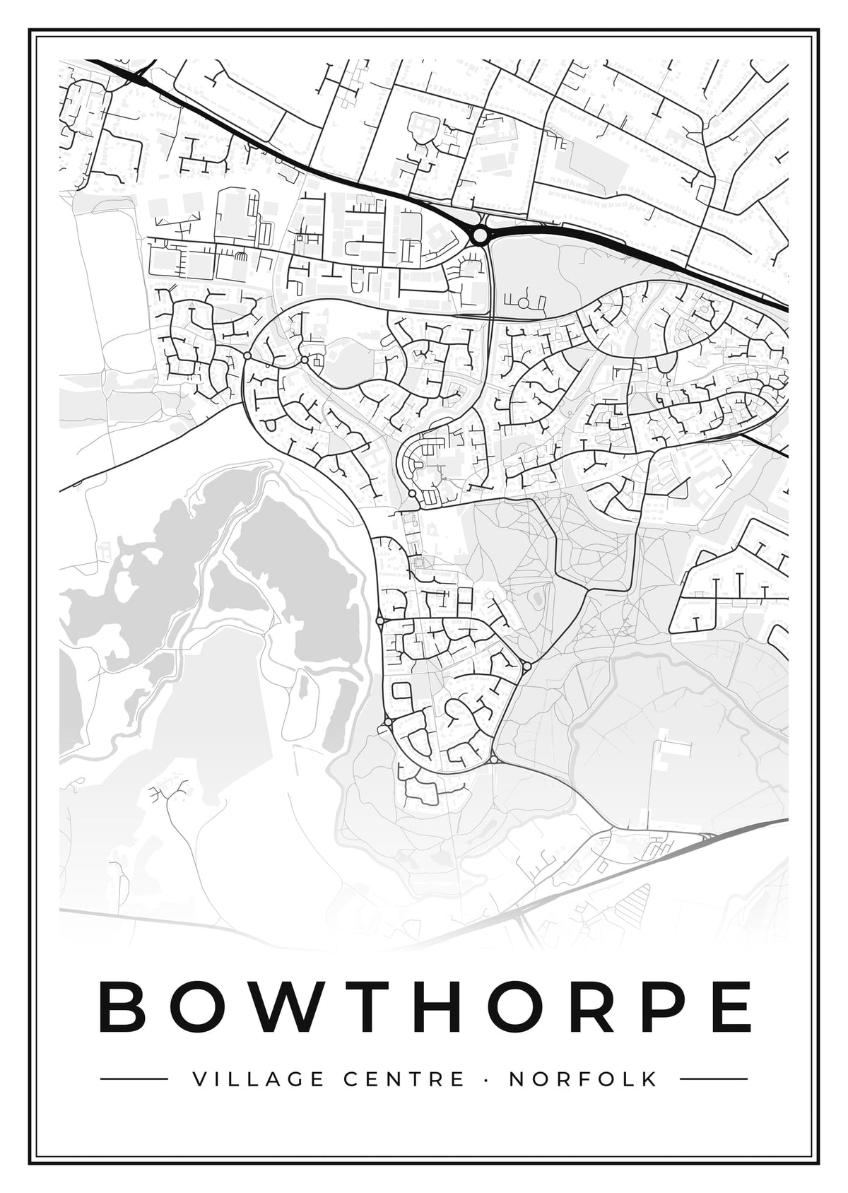 Street map poster of Bowthorpe village centre, Norfolk
