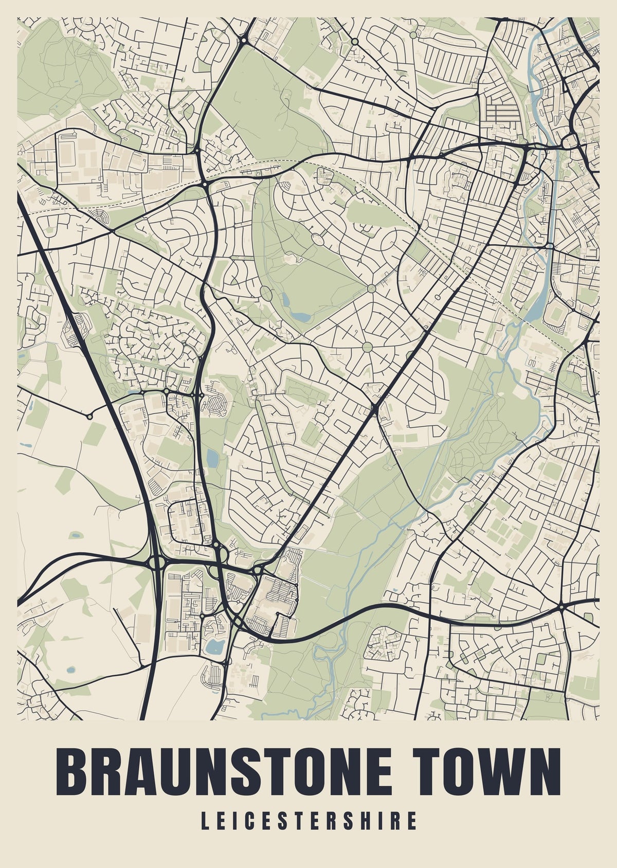 Street map poster of Braunstone Town, Leicestershire