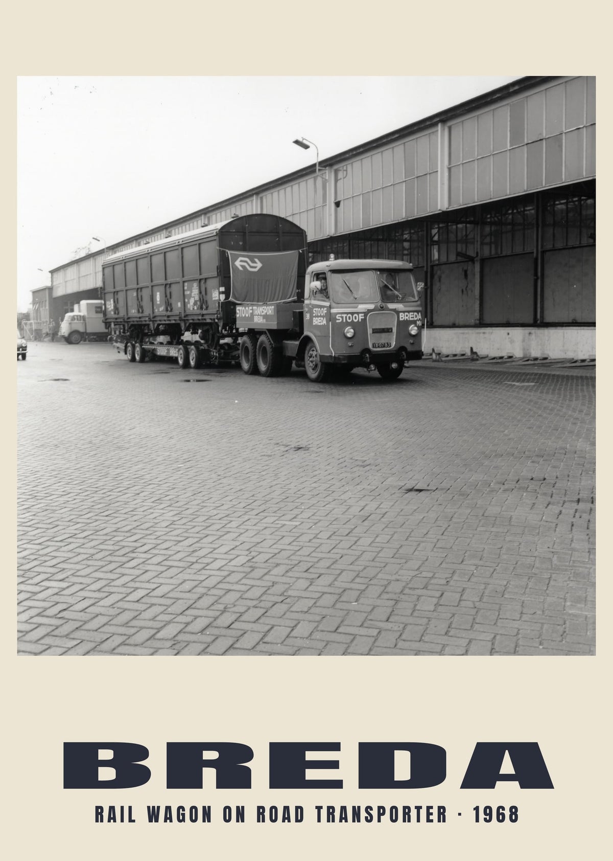 Rail wagon on road transporter, Breda, 1968 heritage photograph