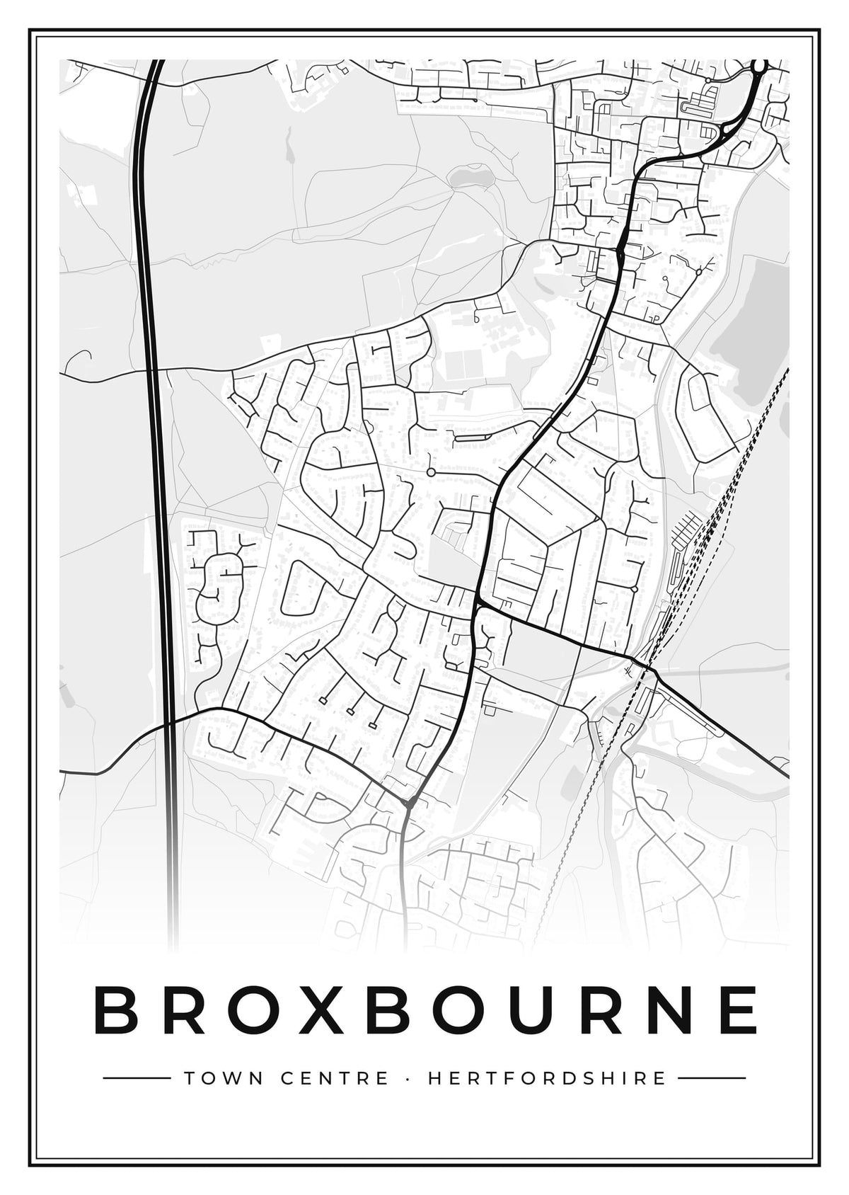 Street map poster of Broxbourne town centre, Hertfordshire