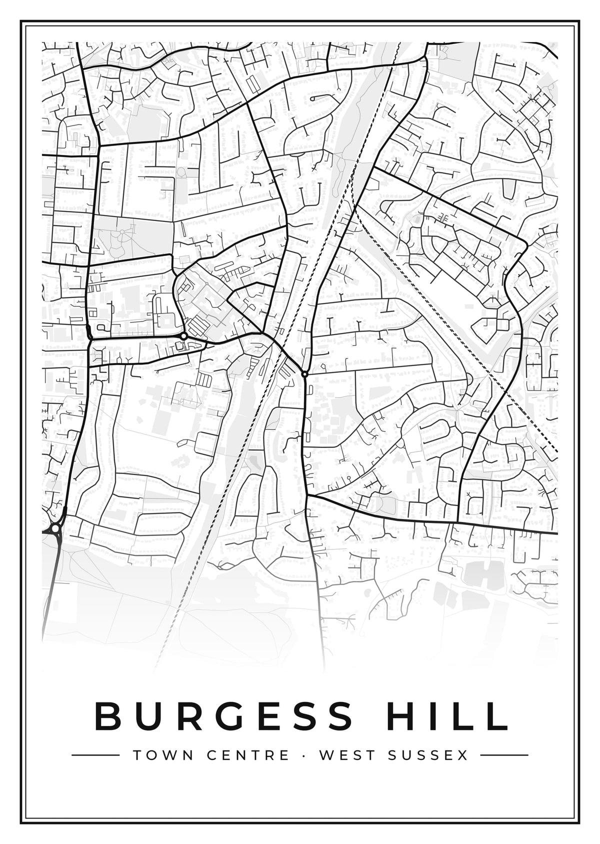 Street map poster of Burgess Hill town centre, West Sussex