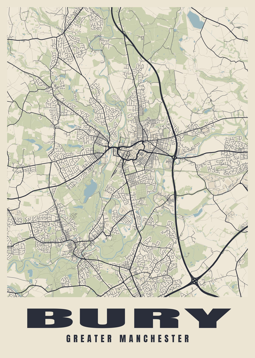 Street map poster of Bury, Greater Manchester