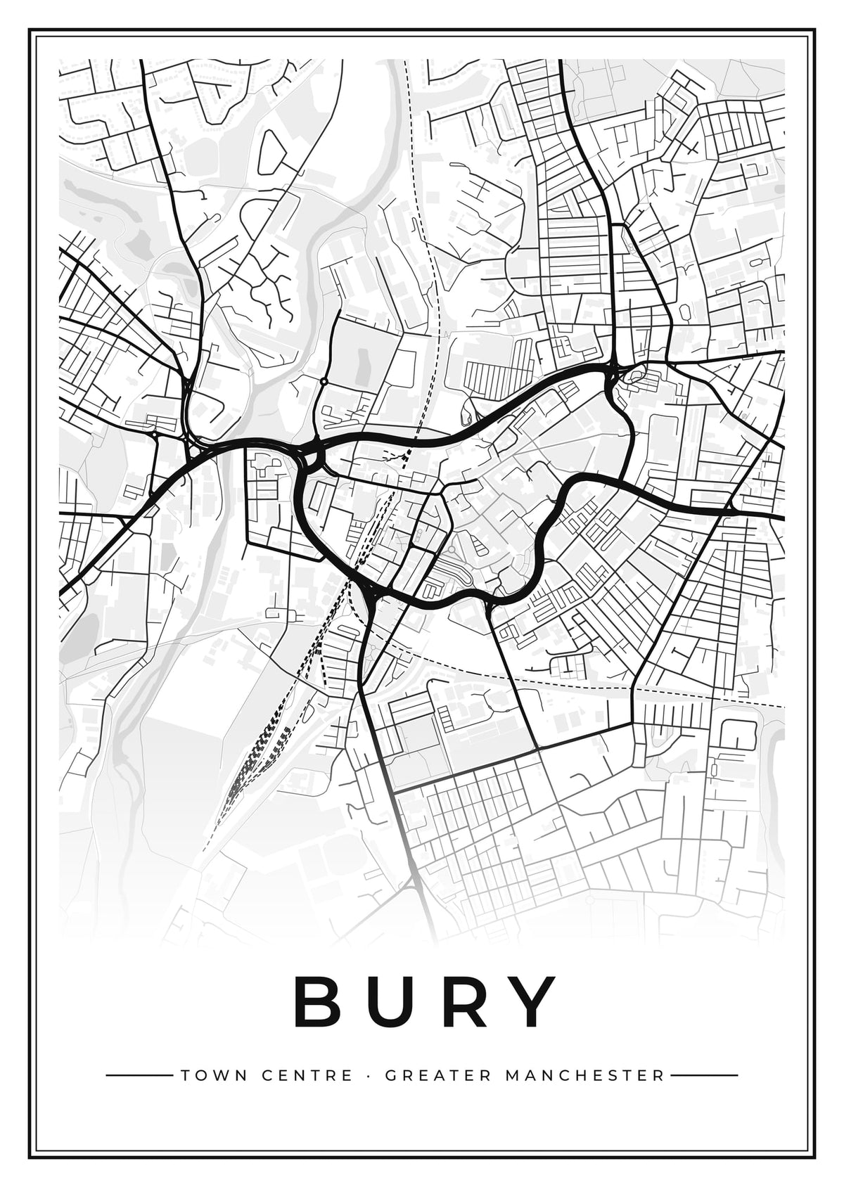 Street map poster of Bury town centre, Greater Manchester