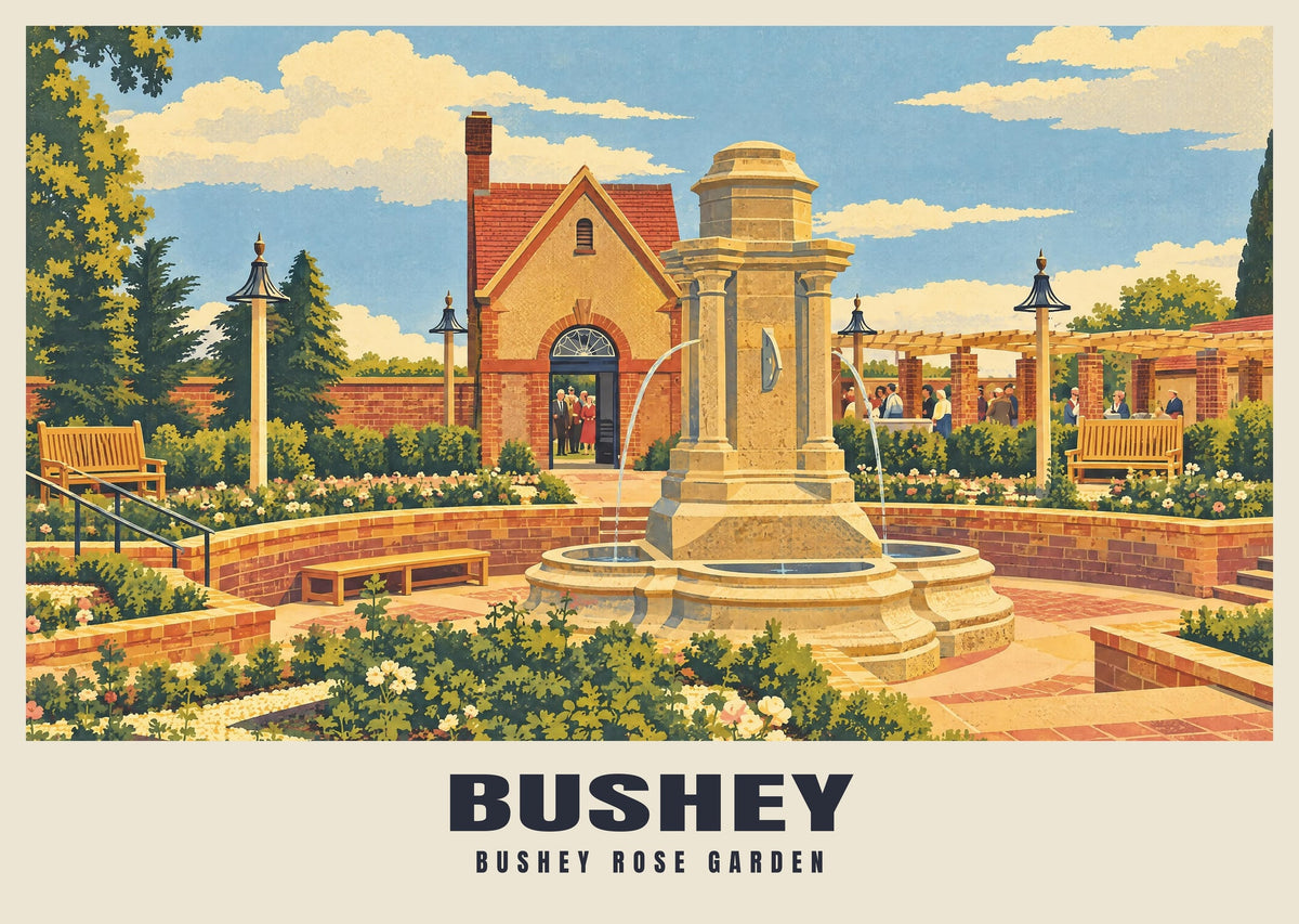 Bushey Rose Garden poster, Retro Railway style