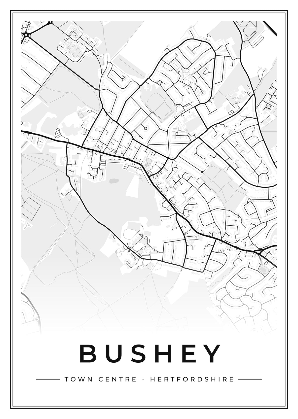 Street map poster of Bushey town centre, Hertfordshire