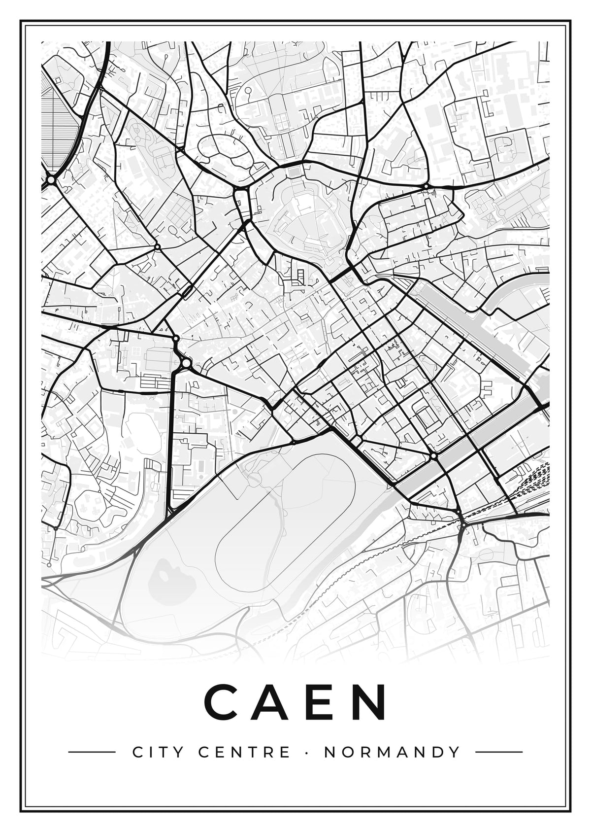 Street map poster of Caen city centre, Normandy