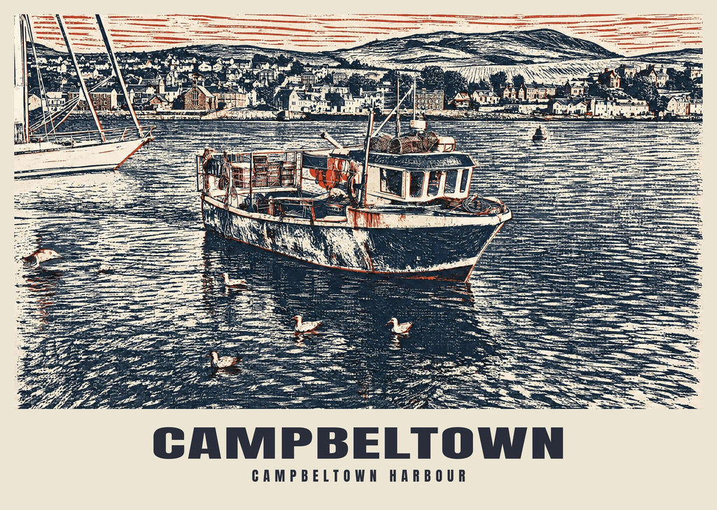Campbeltown Harbour poster, Linocut style