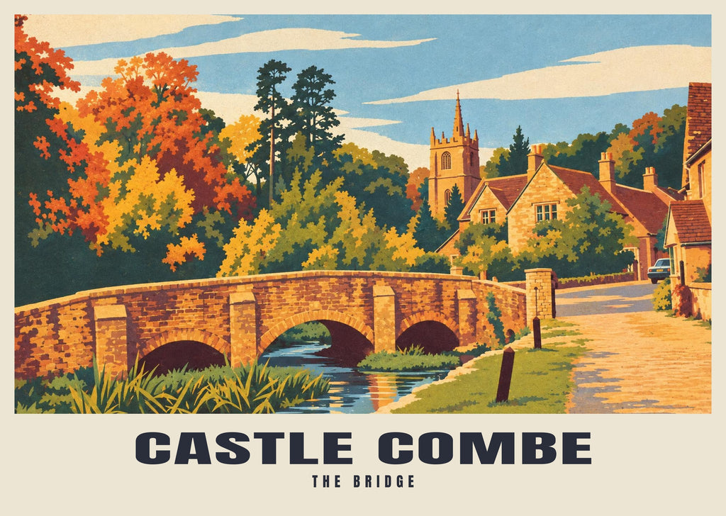 The Bridge, Castle Combe poster, Retro Railway style