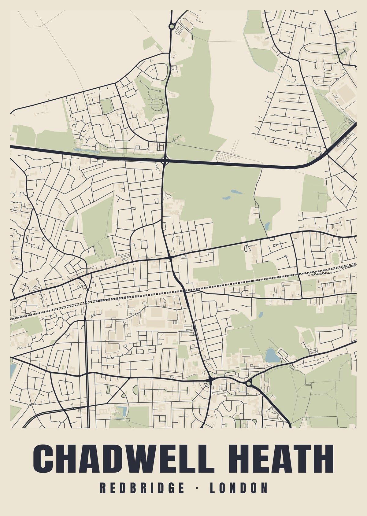 Heritage street map poster of Chadwell Heath, Redbridge, London