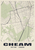 Heritage street map poster of Cheam, Sutton, London