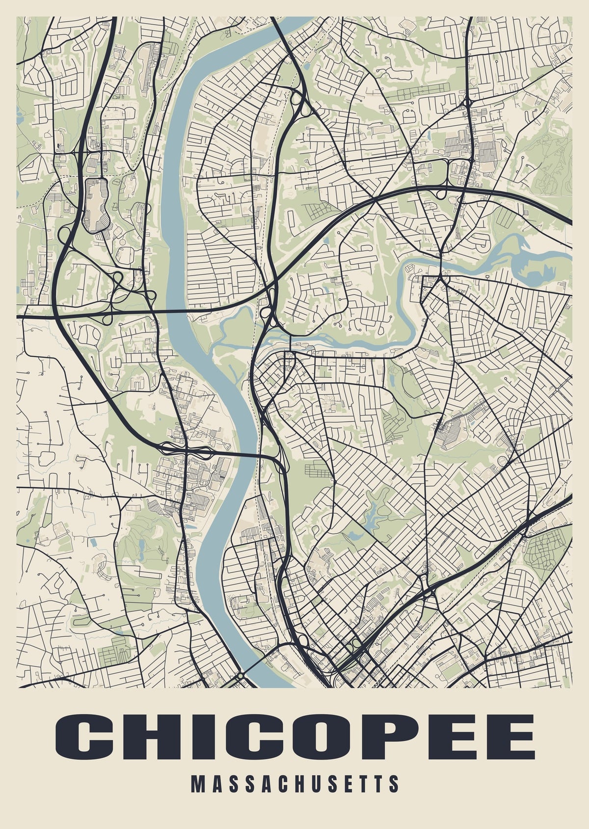 Street map poster of Chicopee, Massachusetts