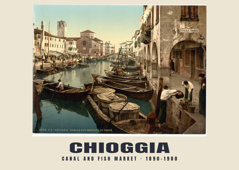 Canale e mercato del pesce, Chioggia — 1890–1900 · Stampa di fotocromo d’epoca