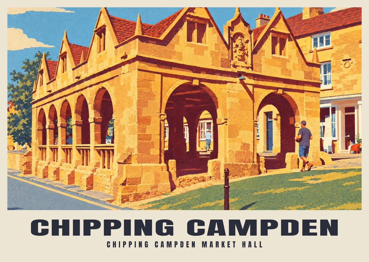 Chipping Campden Market Hall poster, Retro Railway style