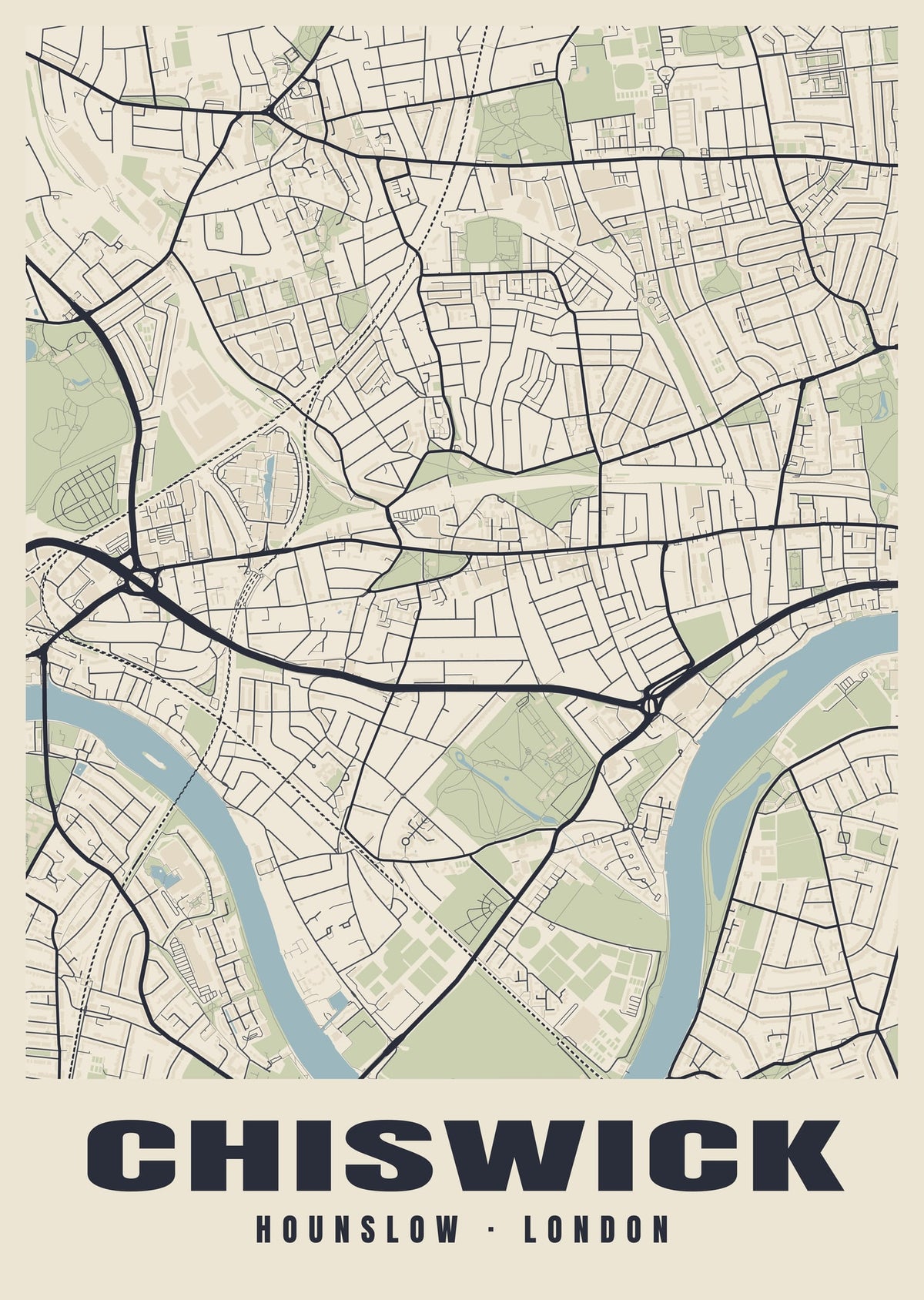 Heritage street map poster of Chiswick, Hounslow, London