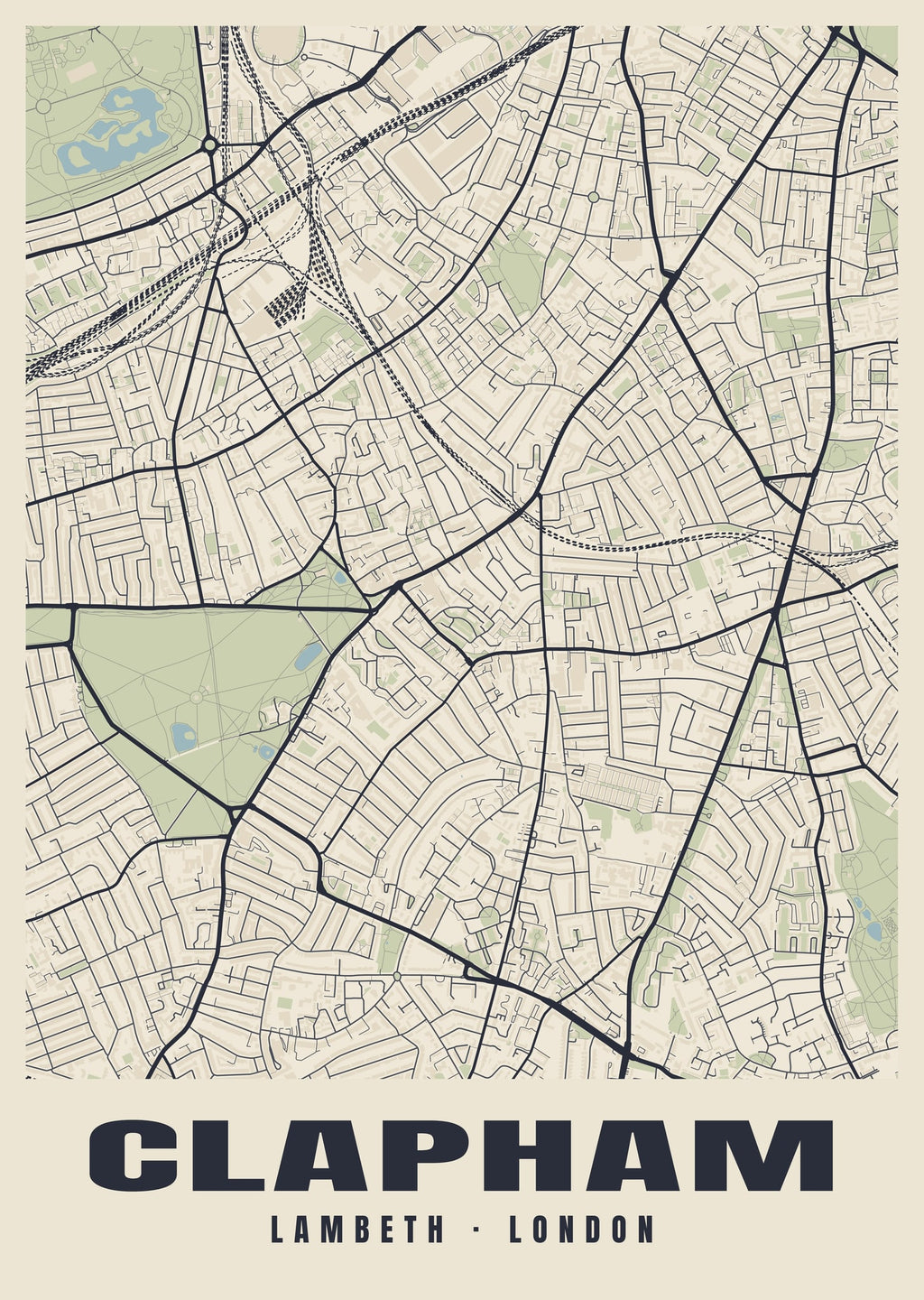 Heritage street map poster of Clapham, Lambeth, London
