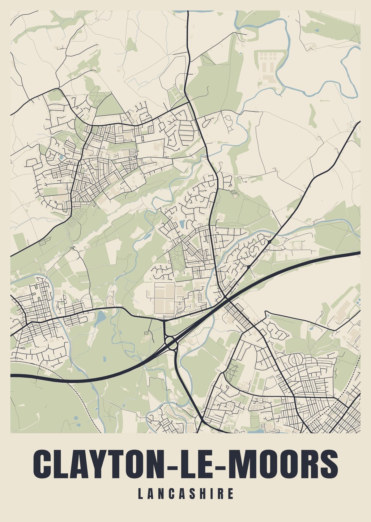 Street map poster of Clayton-le-Moors, Lancashire