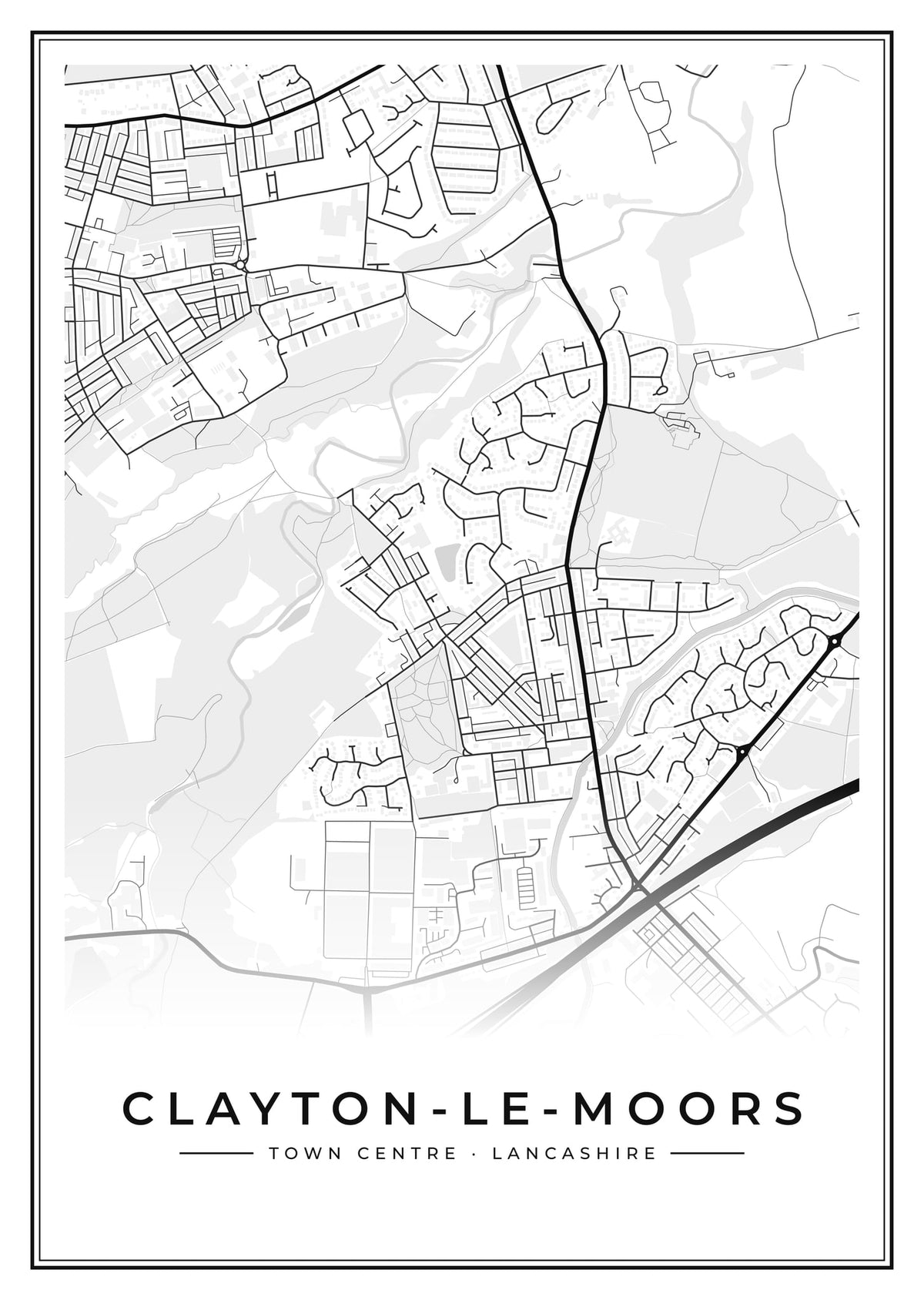 Street map poster of Clayton-le-Moors town centre, Lancashire