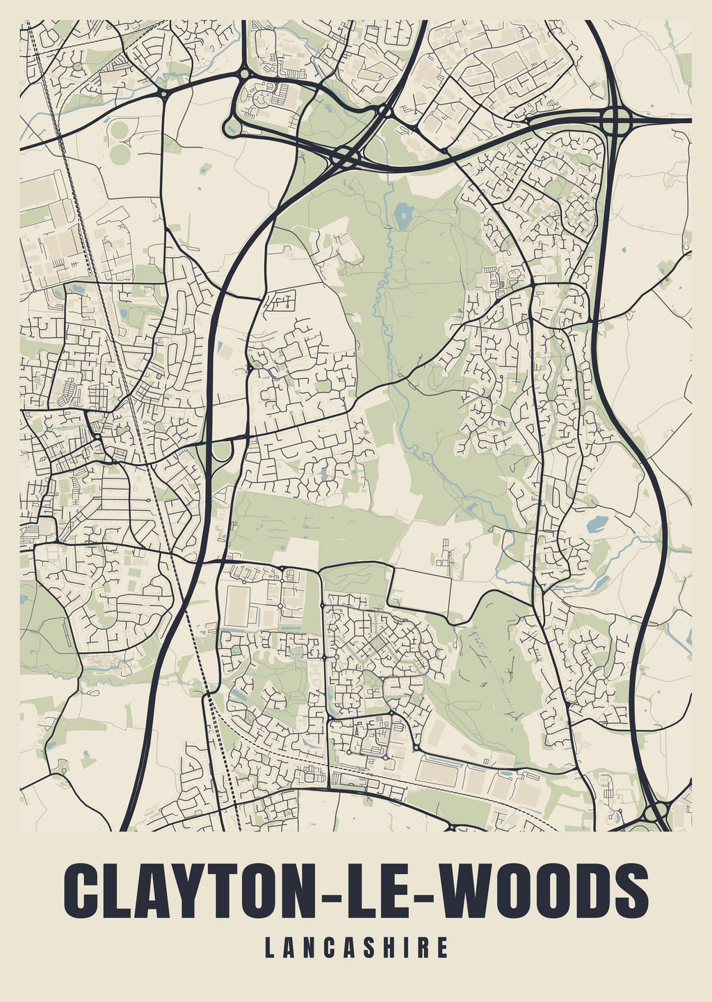 Street map poster of Clayton-le-Woods, Lancashire
