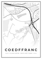 Street map poster of Coedffranc village centre, Neath Port Talbot