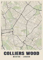 Heritage street map poster of Colliers Wood, Merton, London