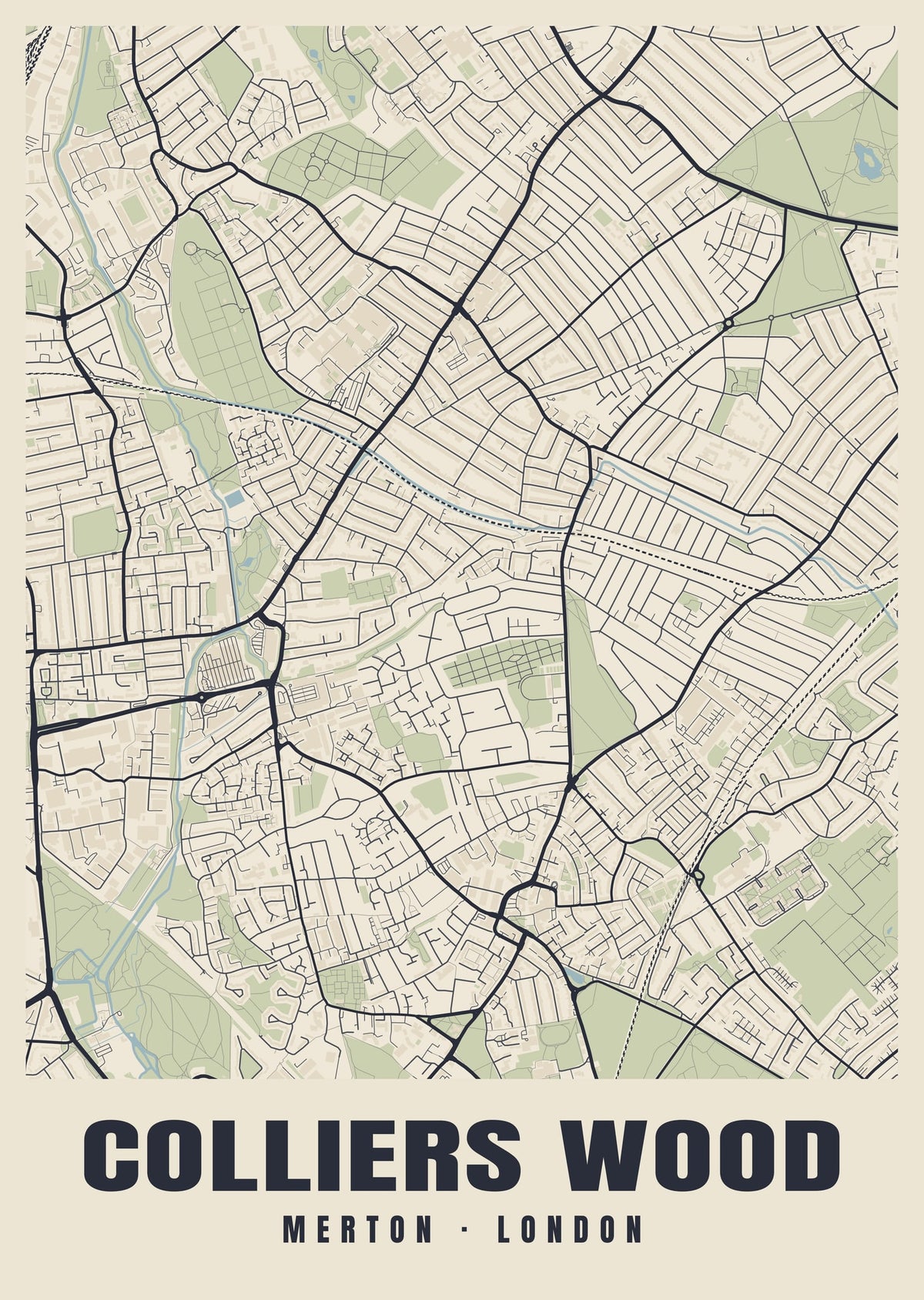 Heritage street map poster of Colliers Wood, Merton, London
