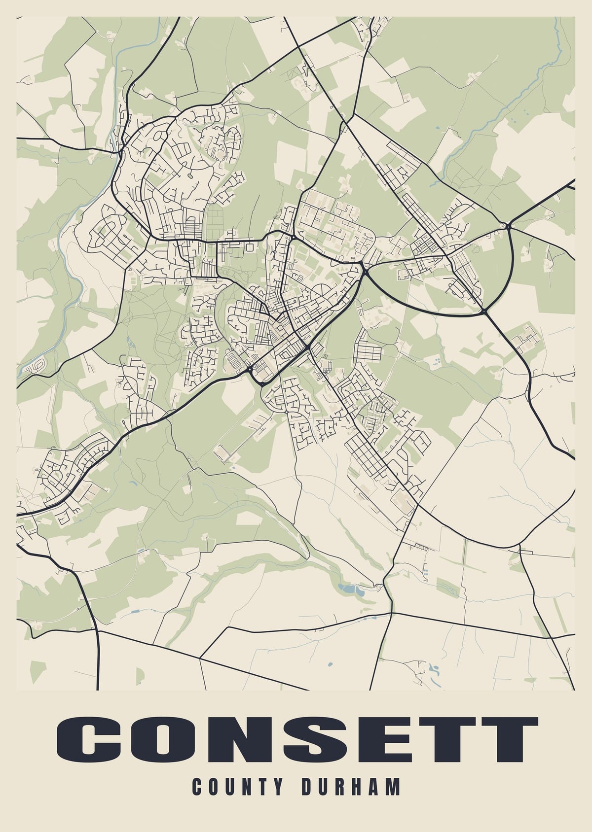 Street map poster of Consett, County Durham