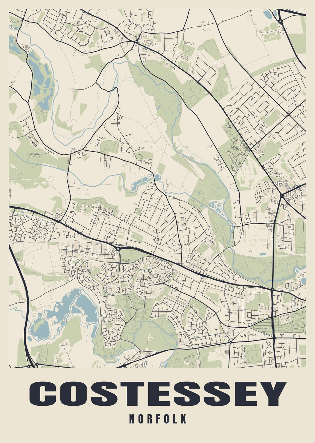 Street map poster of Costessey, Norfolk