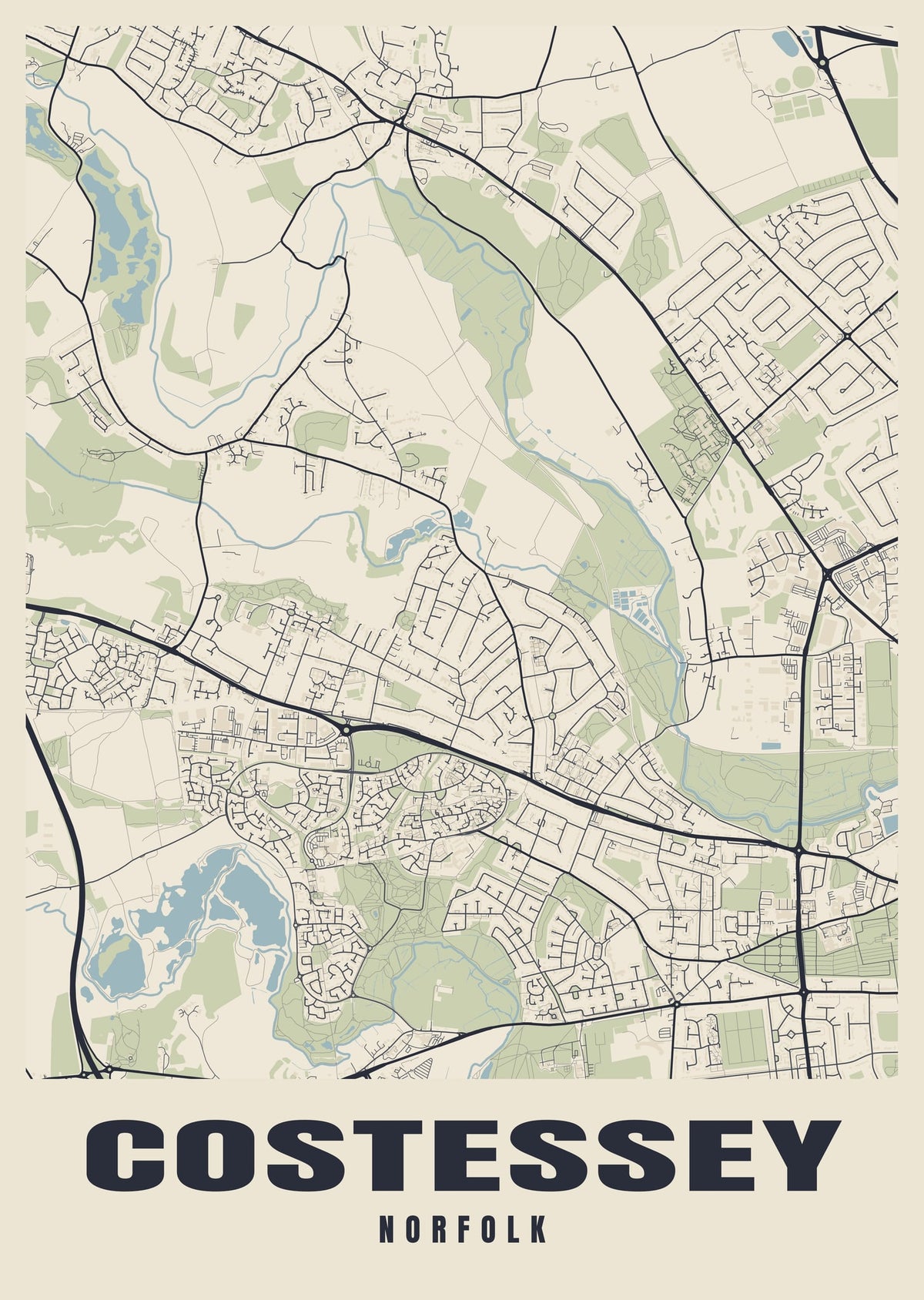 Street map poster of Costessey, Norfolk