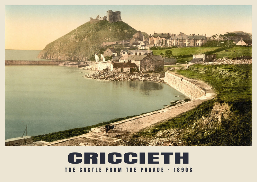 Il castello dalla passeggiata, Criccieth, 1890-1900 circa, stampa d'epoca