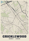 Heritage street map poster of Cricklewood, Barnet, London