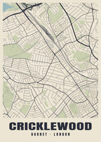 Heritage street map poster of Cricklewood, Barnet, London