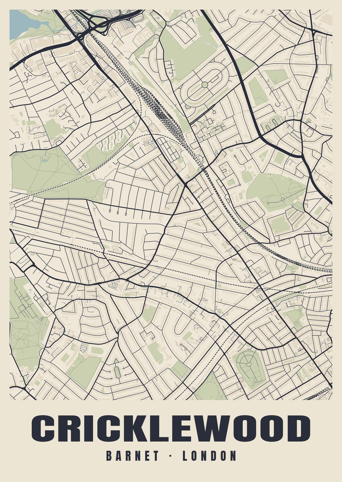 Heritage street map poster of Cricklewood, Barnet, London