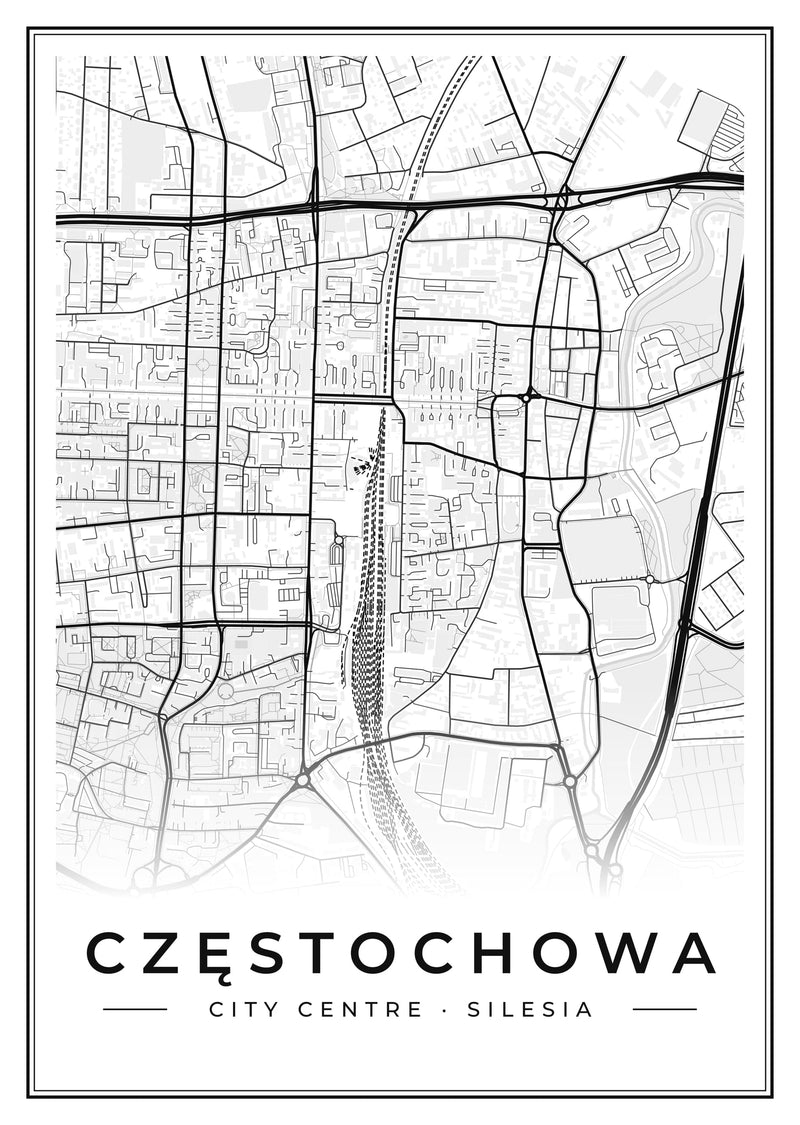 Częstochowa City Centre Street Map Poster