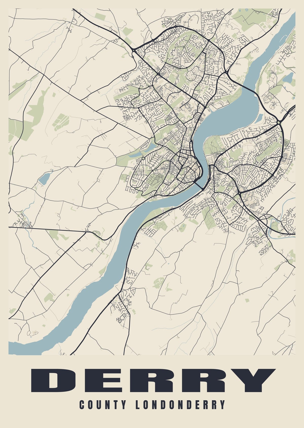 Street map poster of Derry, County Londonderry