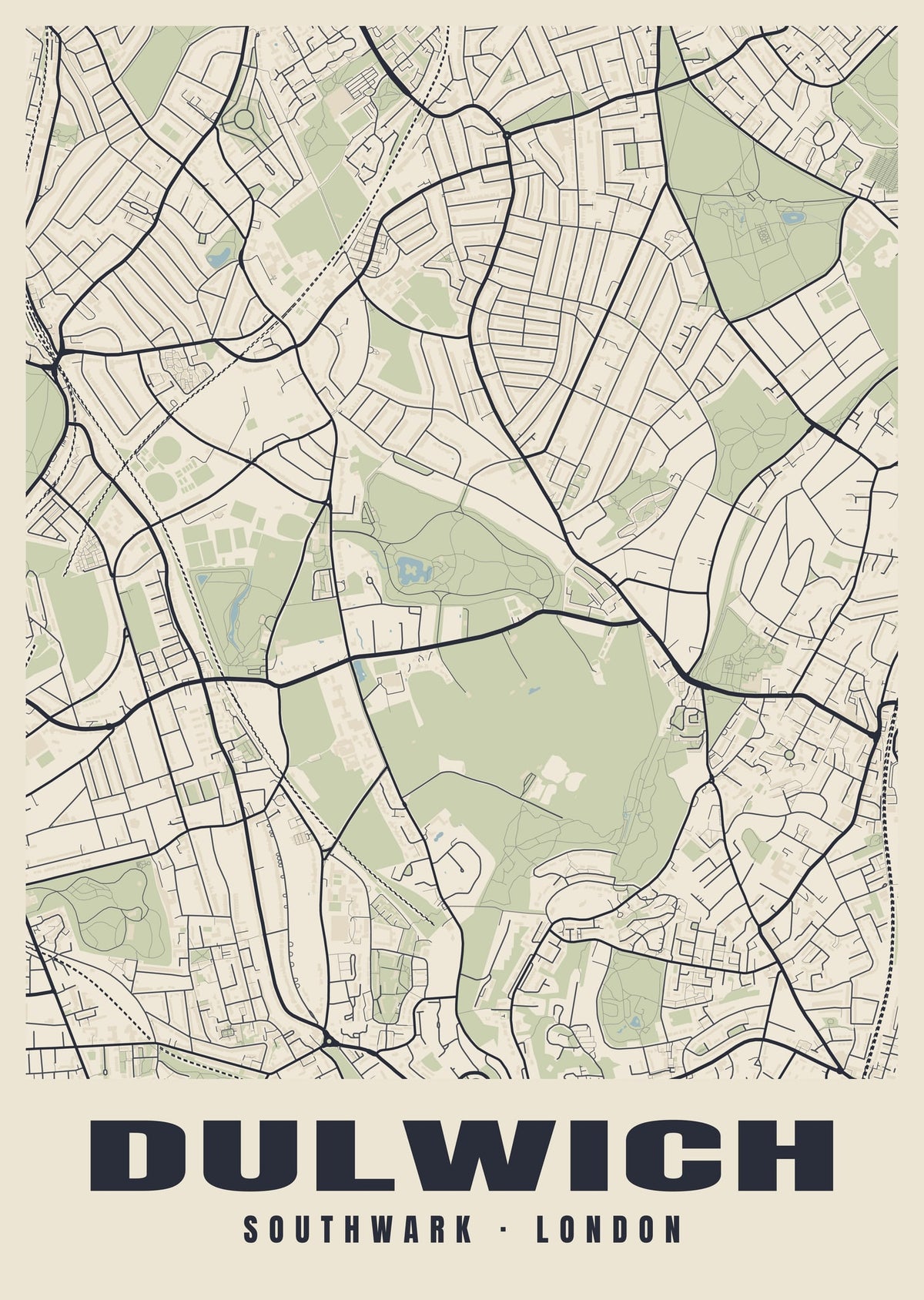 Heritage street map poster of Dulwich, Southwark, London