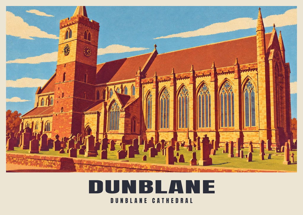 Dunblane Cathedral poster, Retro Railway style