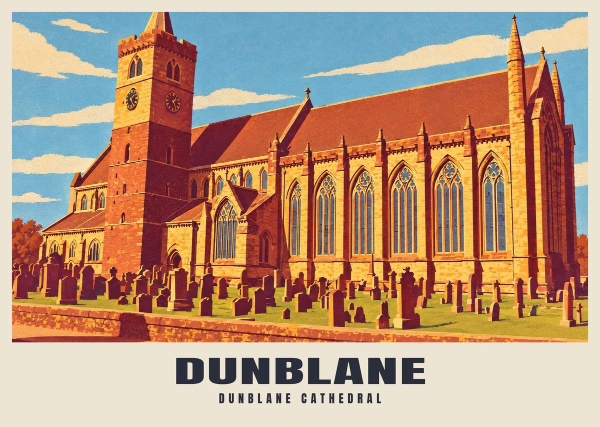 Dunblane Cathedral poster, Retro Railway style