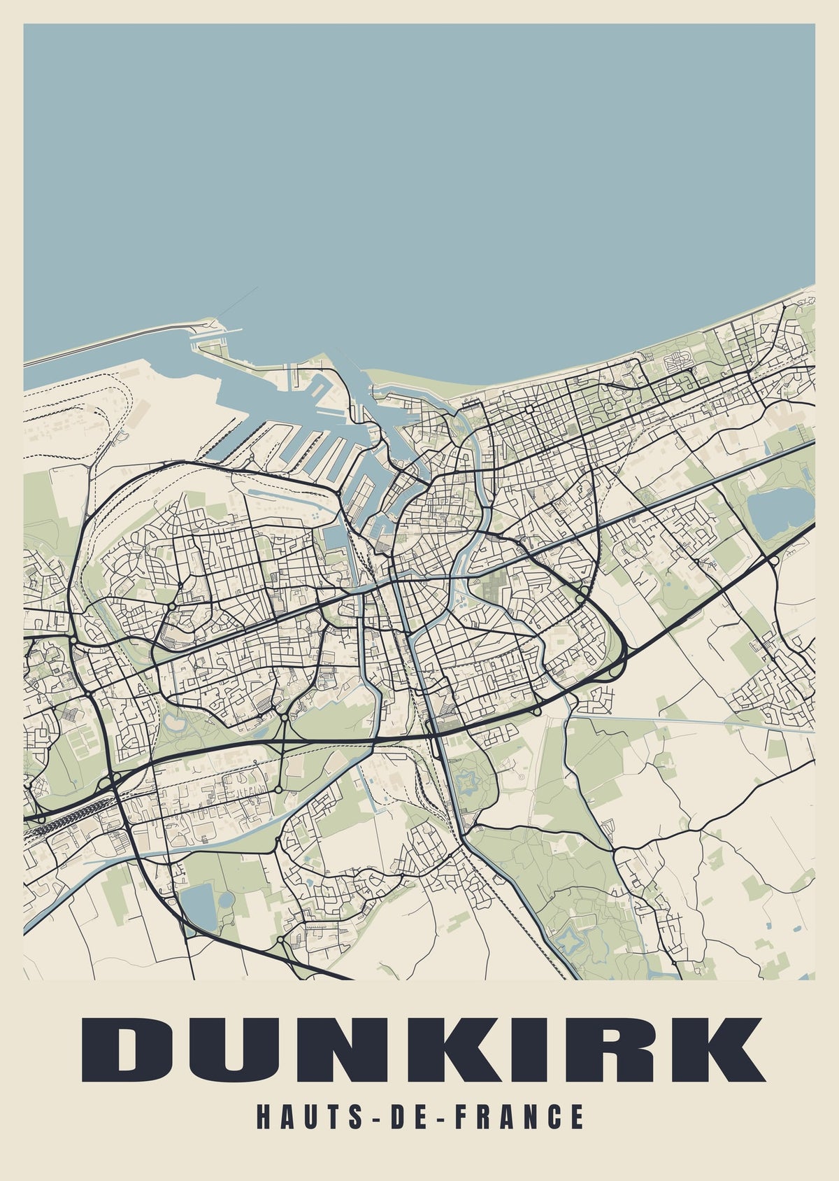 Street map poster of Dunkirk, Hauts-de-France