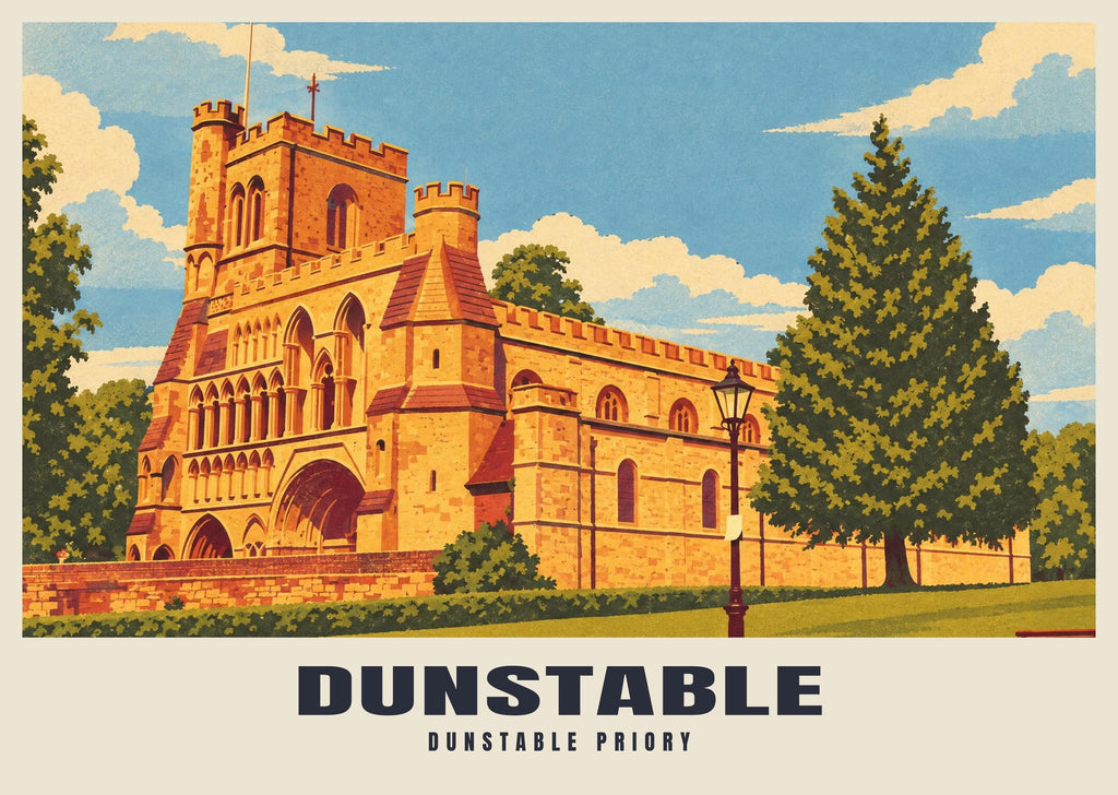 Dunstable Priory poster, Retro Railway style