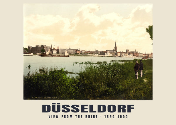 Vista desde el Rin, Düsseldorf — 1890–1900 · Lámina de fotocromo antiguo