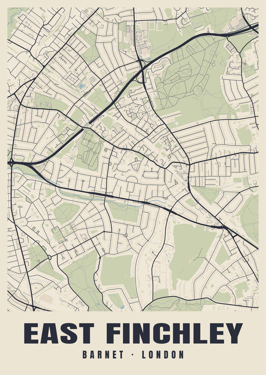 Heritage street map poster of East Finchley, Barnet, London