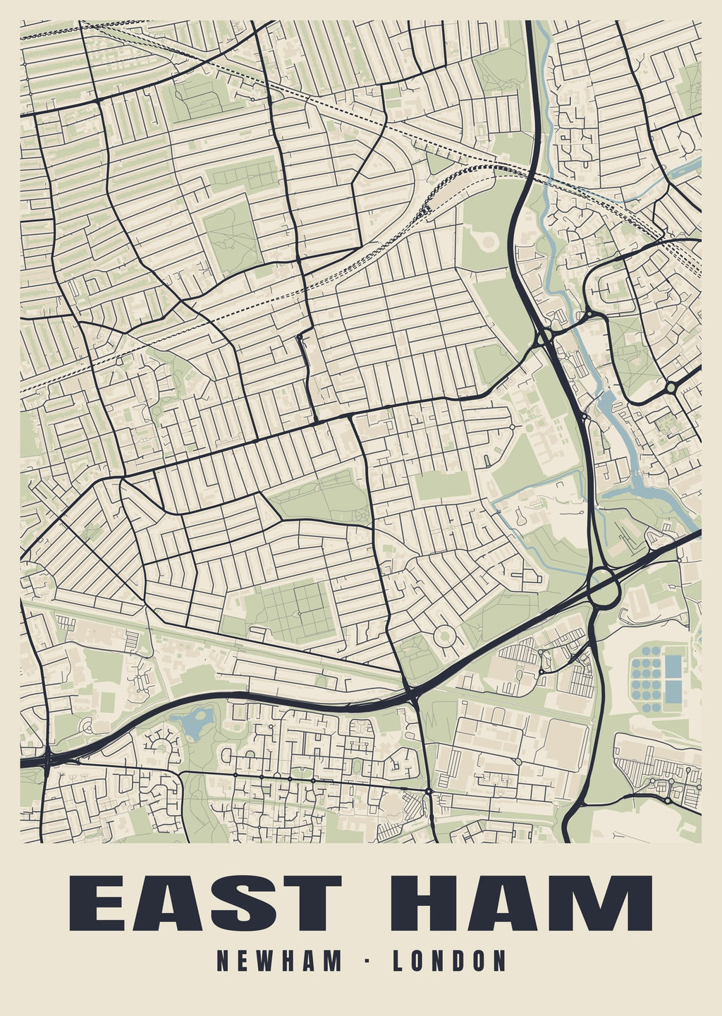 Heritage street map poster of East Ham, Newham, London