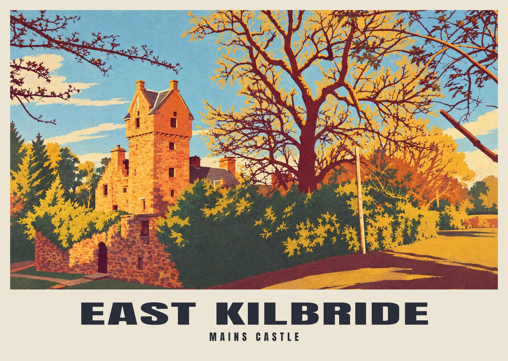 Mains Castle, East Kilbride poster, Retro Railway style