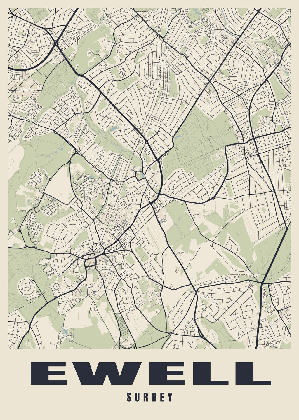 Street map poster of Ewell, Surrey