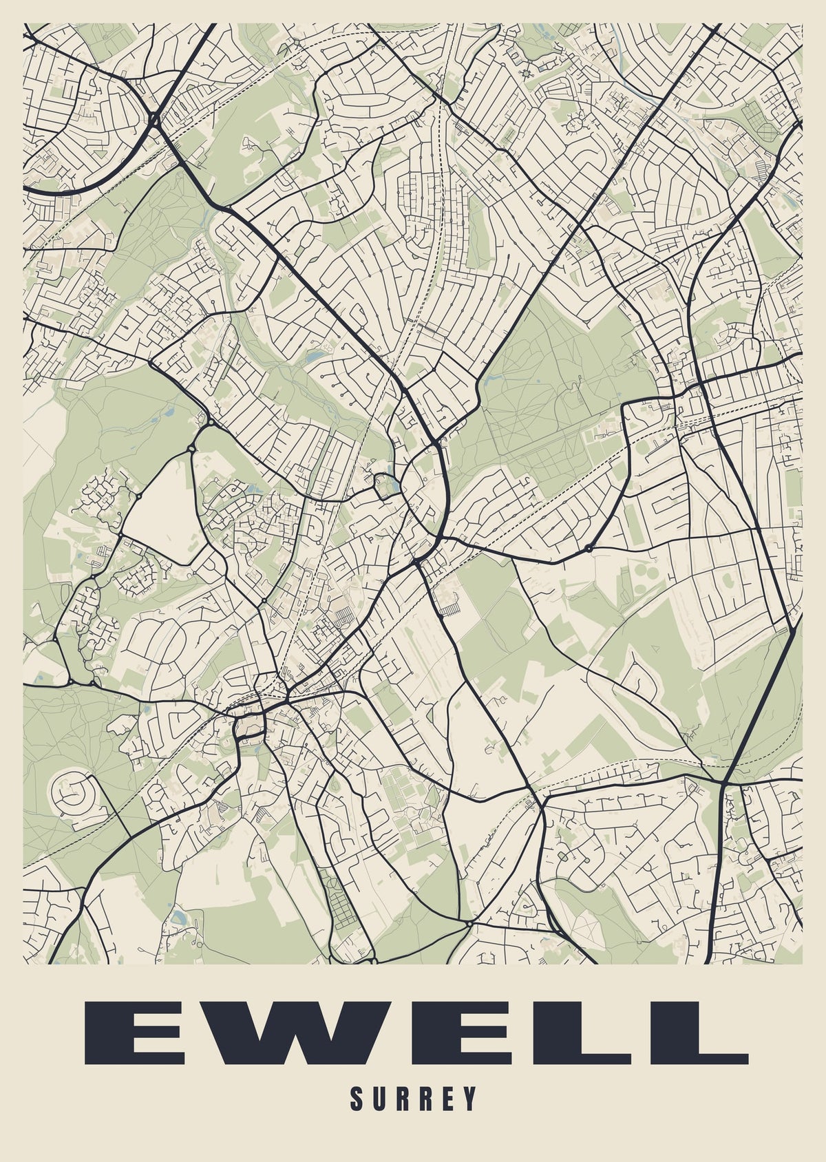 Street map poster of Ewell, Surrey
