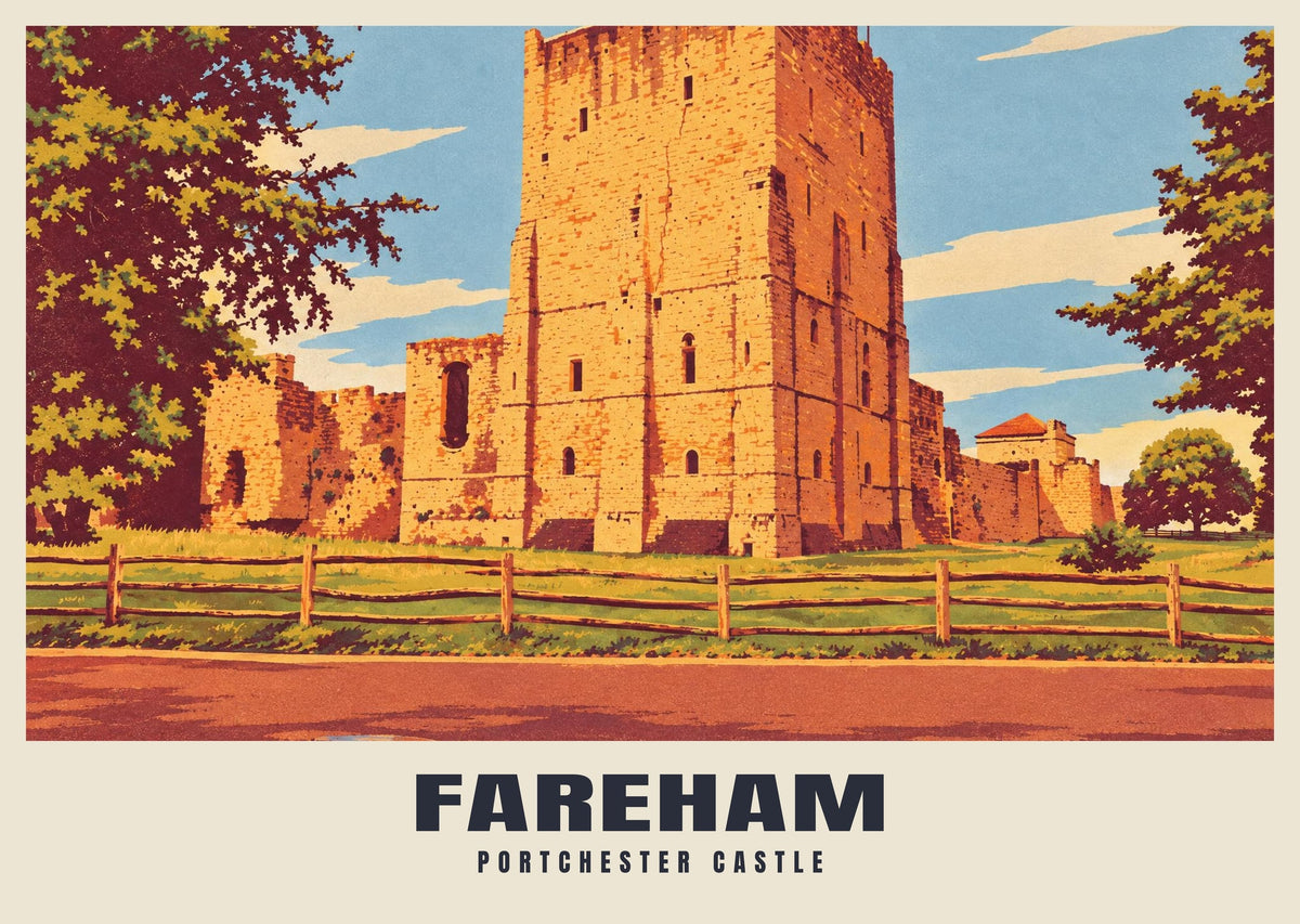 Portchester Castle, Fareham poster, Retro Railway style