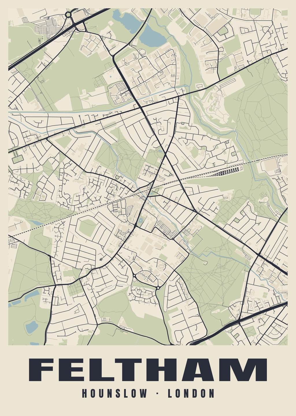Heritage street map poster of Feltham, Hounslow, London