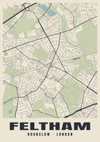 Heritage street map poster of Feltham, Hounslow, London
