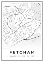 Street map poster of Fetcham village centre, Surrey